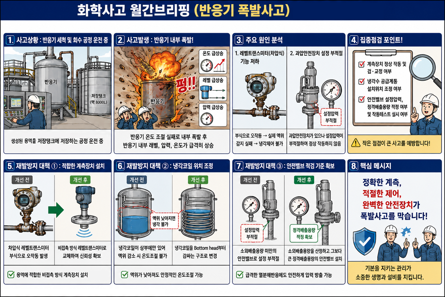 반응기 폭발사고의 원인과 재발방지 대책을 설명하는 8컷 만화
